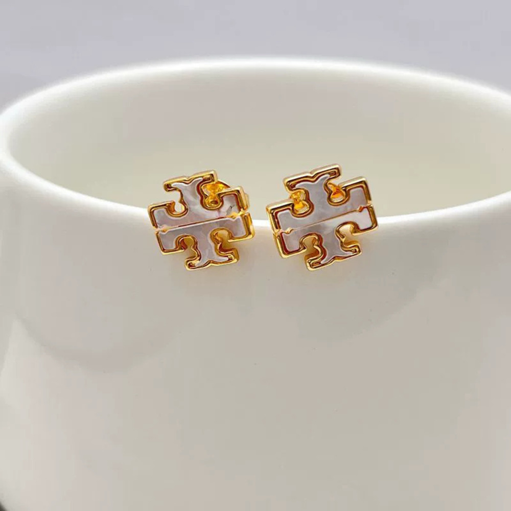 Tory Burch Natural Shell Gold Plated Copper Double Letter Earrings